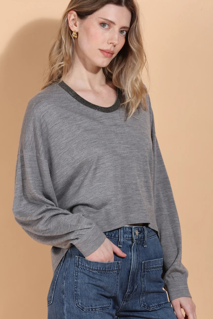 Silk Merino Wool Sweater with Rhinestone Trim - Grey