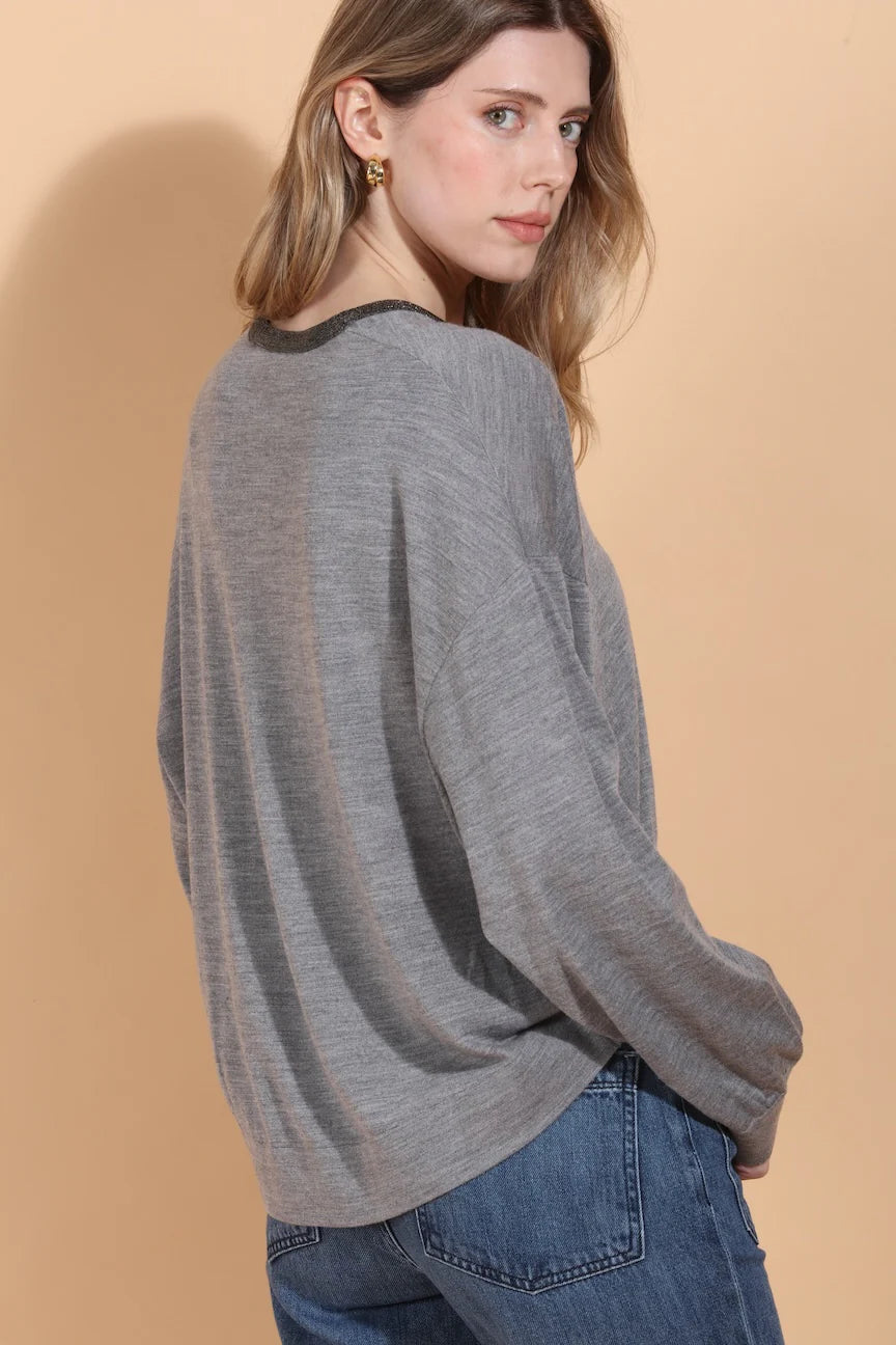 Silk Merino Wool Sweater with Rhinestone Trim - Grey