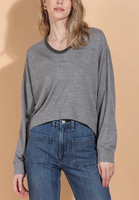 Silk Merino Wool Sweater with Rhinestone Trim - Grey