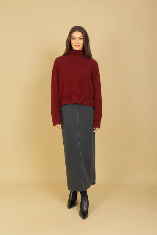 Raw Hem Ponte Midi Skirt with Back Slit - Charcoal