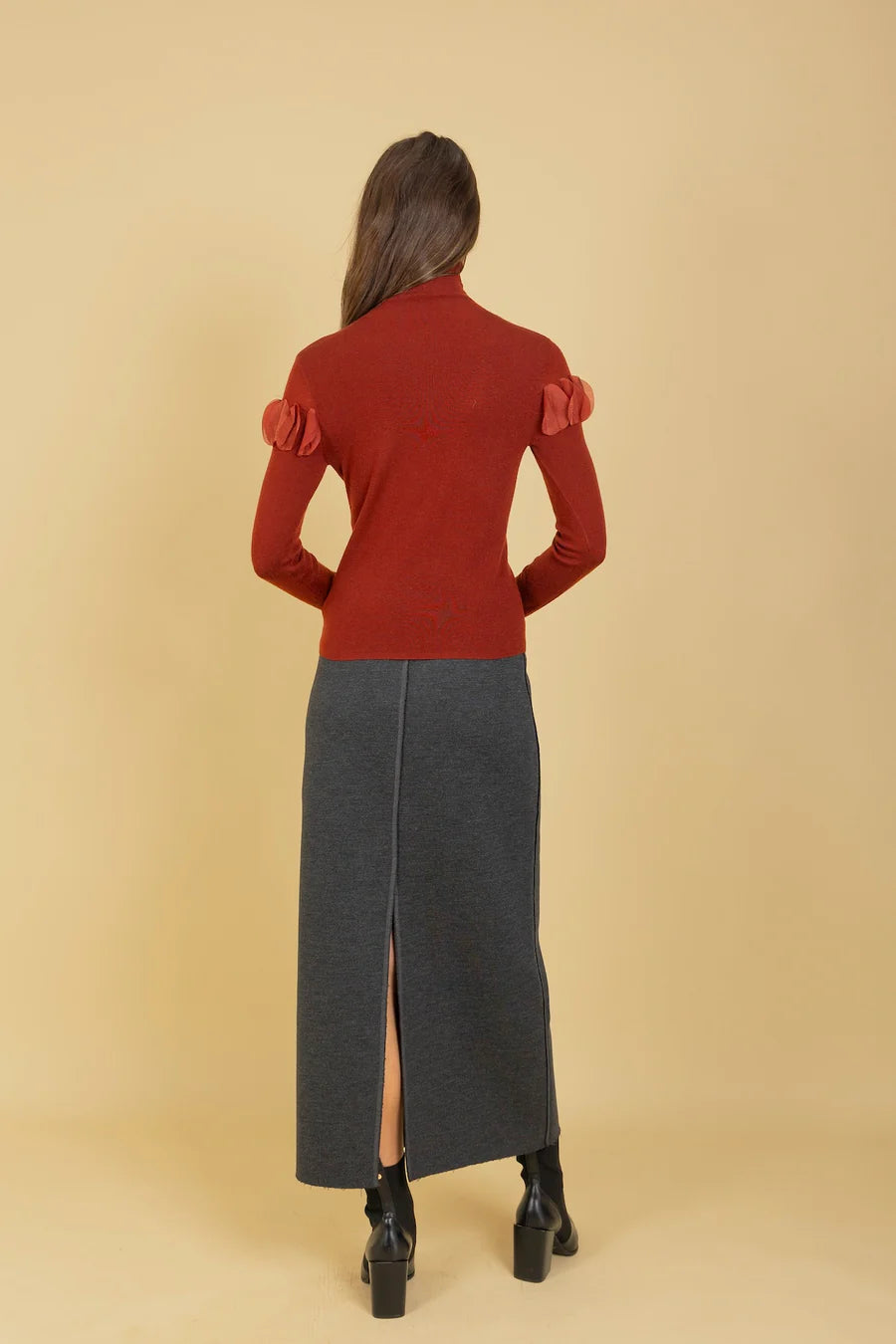 Raw Hem Ponte Midi Skirt with Back Slit - Charcoal