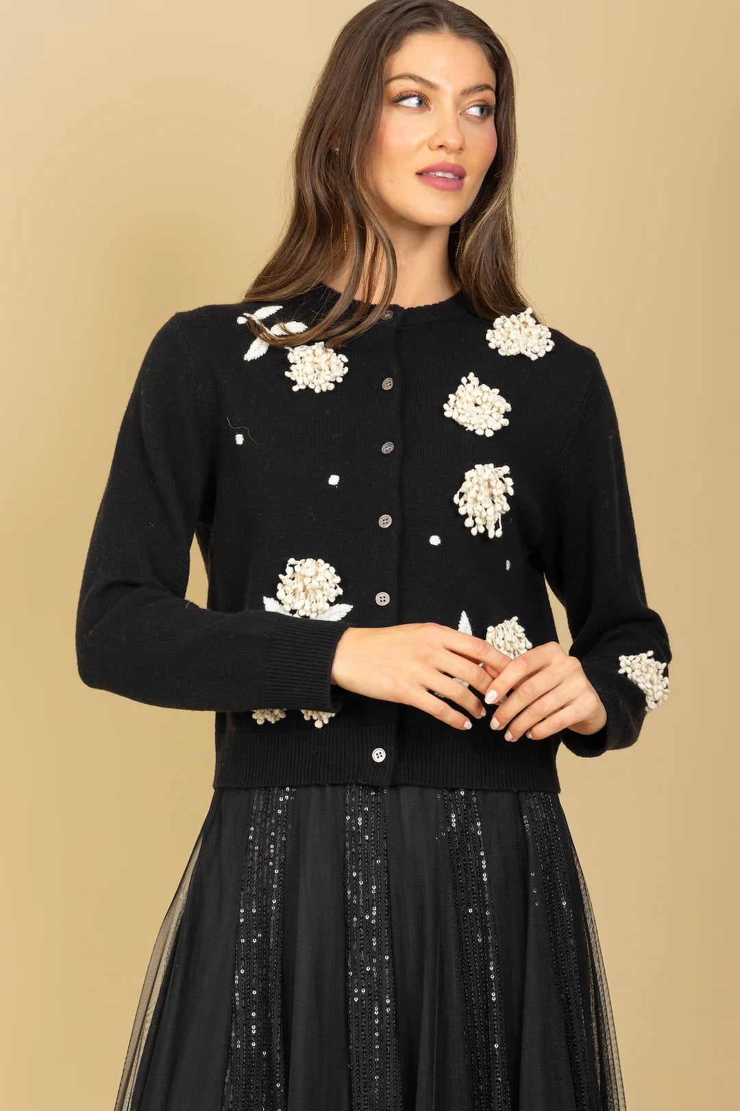 Merino Wool V-Neck Cardigan with Appliques - Black