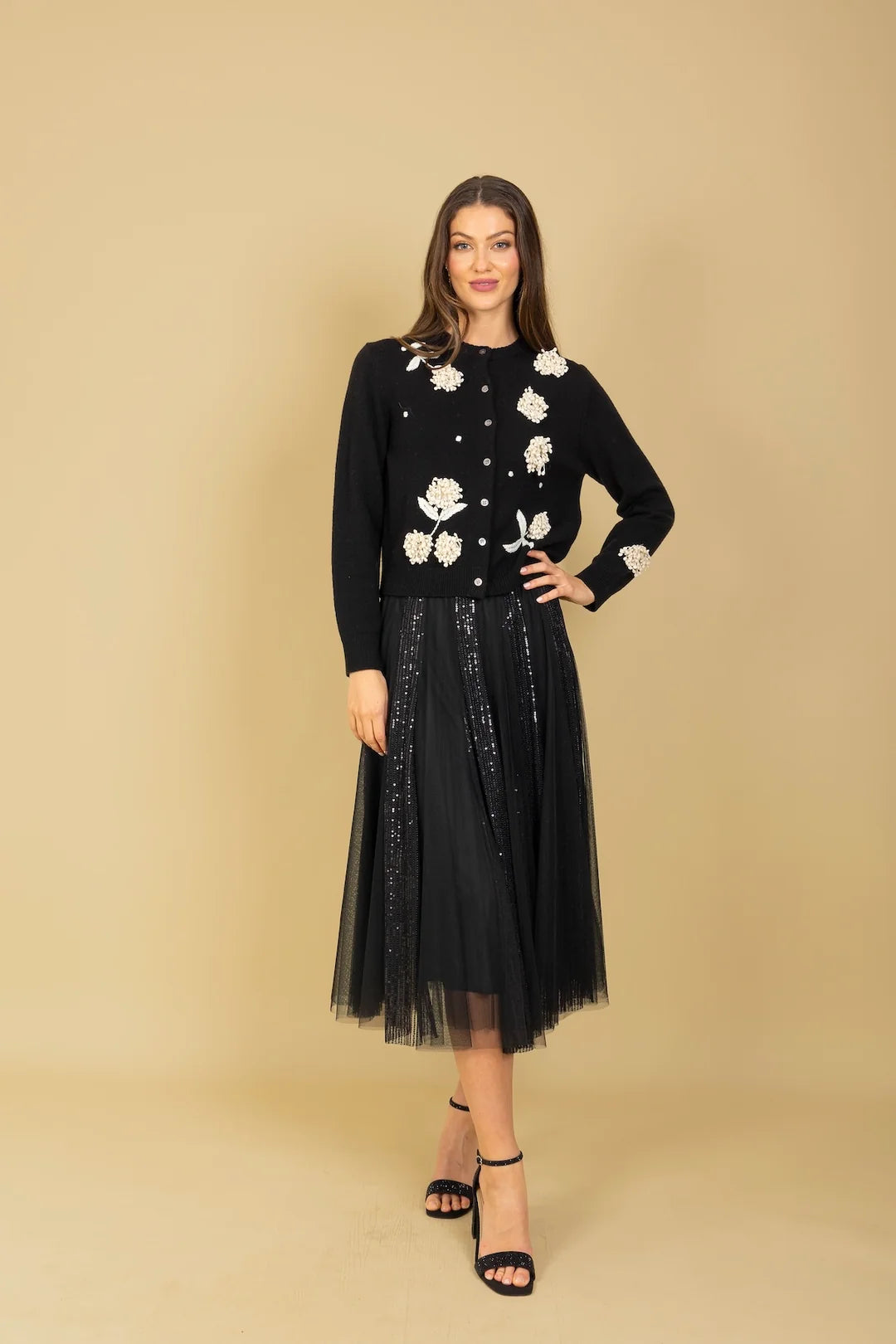 Merino Wool V-Neck Cardigan with Appliques - Black
