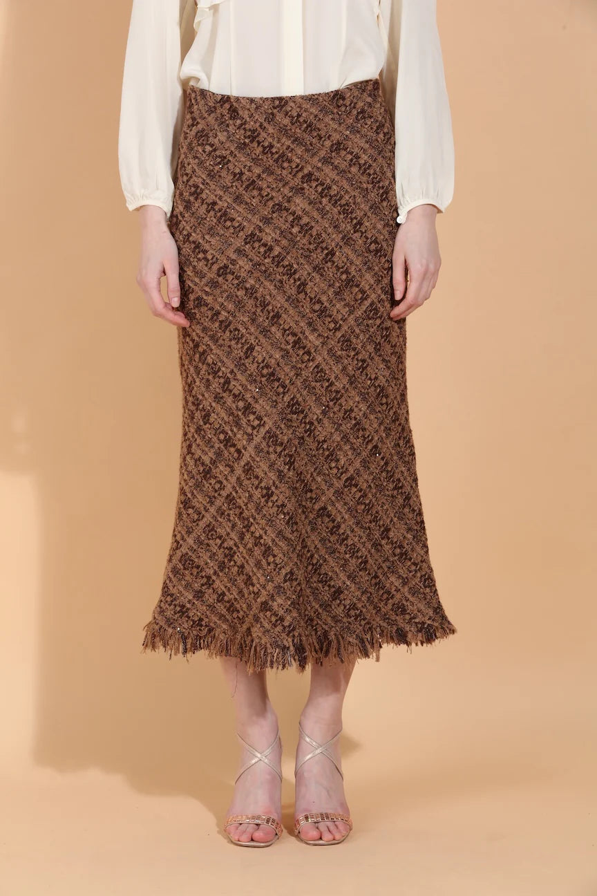 Tweed Trumpet Skirt with Raw Hem - Camel