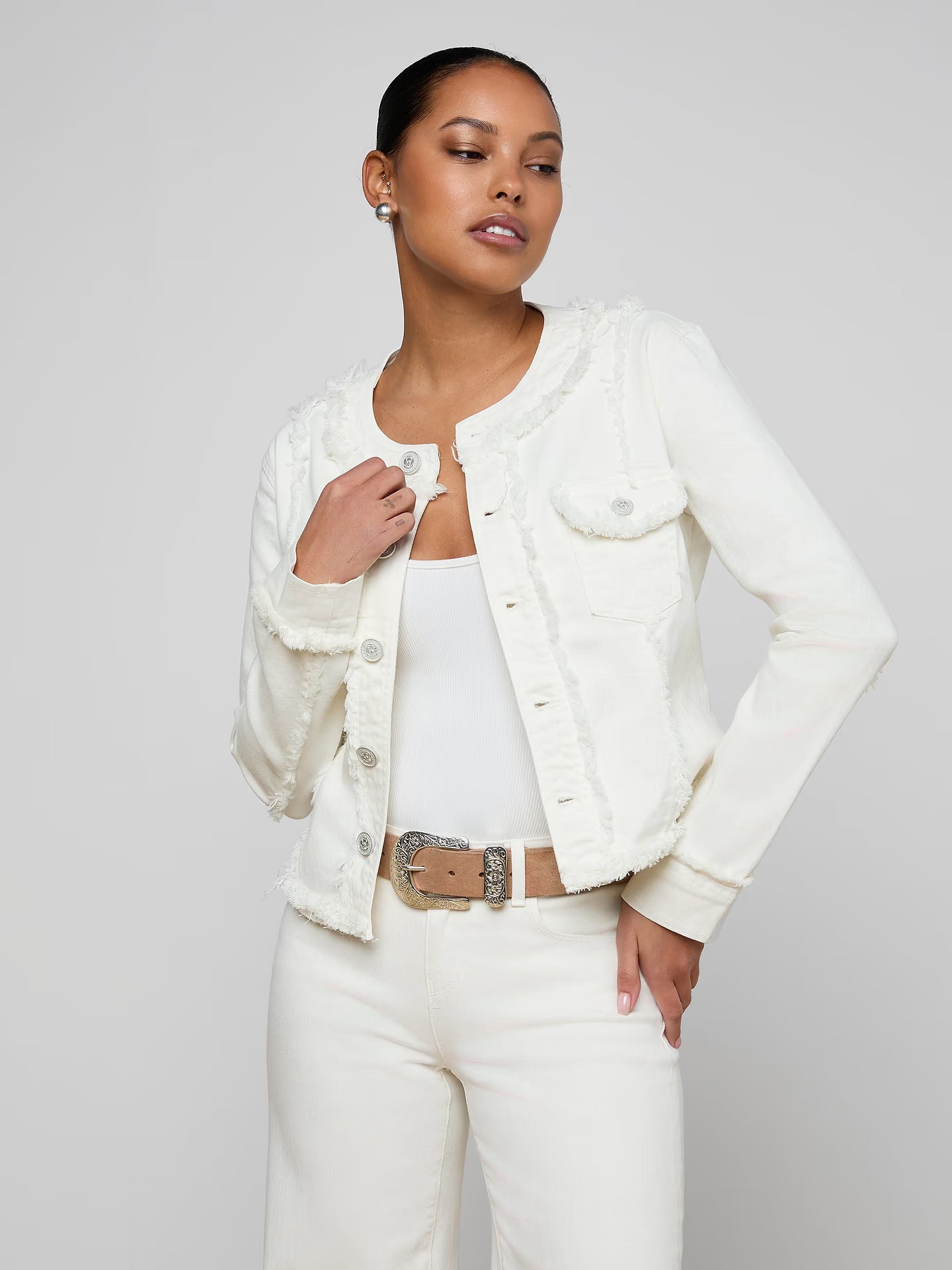 Yarin Collarless Fray Jacket - Light Ecru