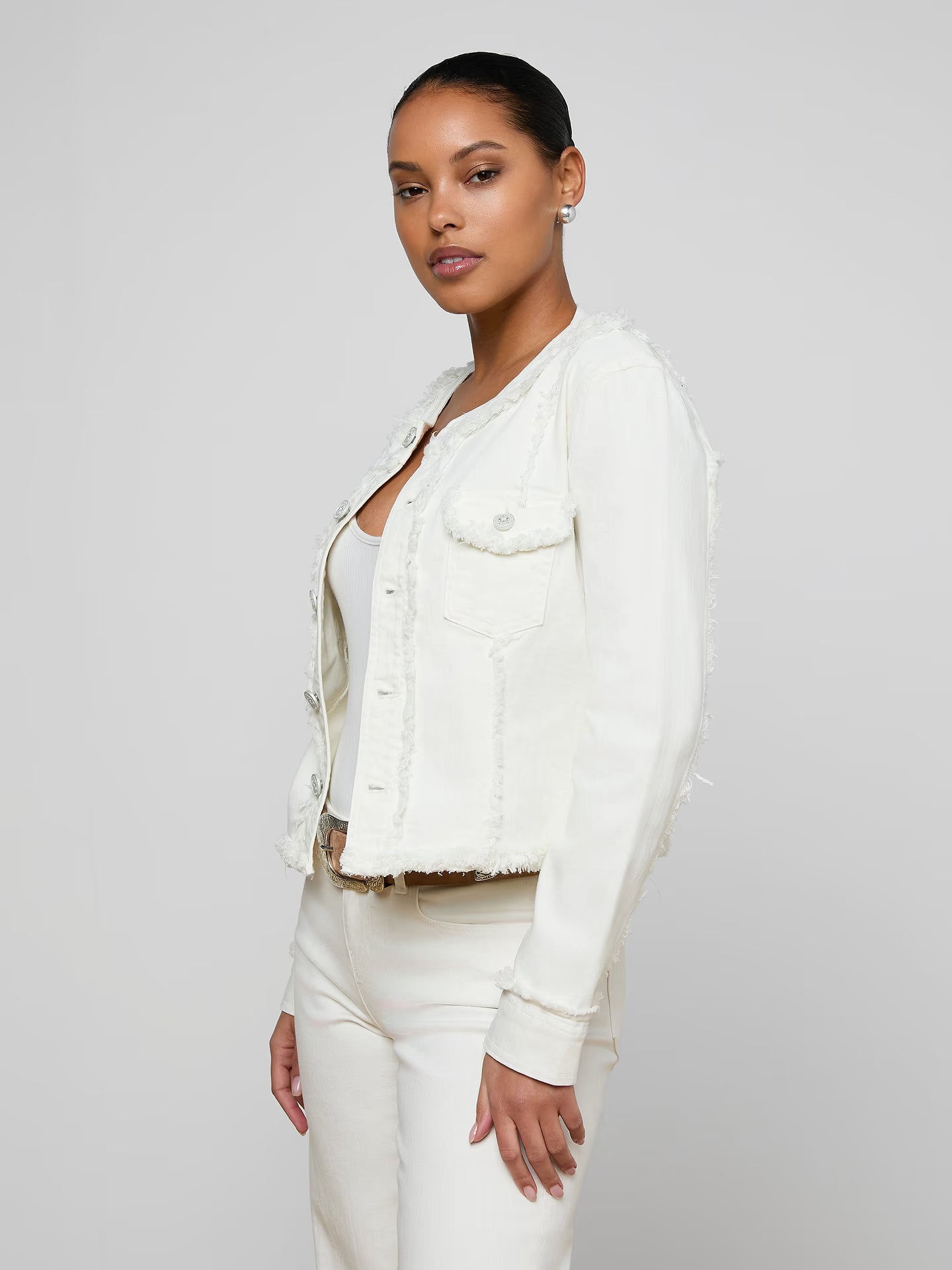 Yarin Collarless Fray Jacket - Light Ecru
