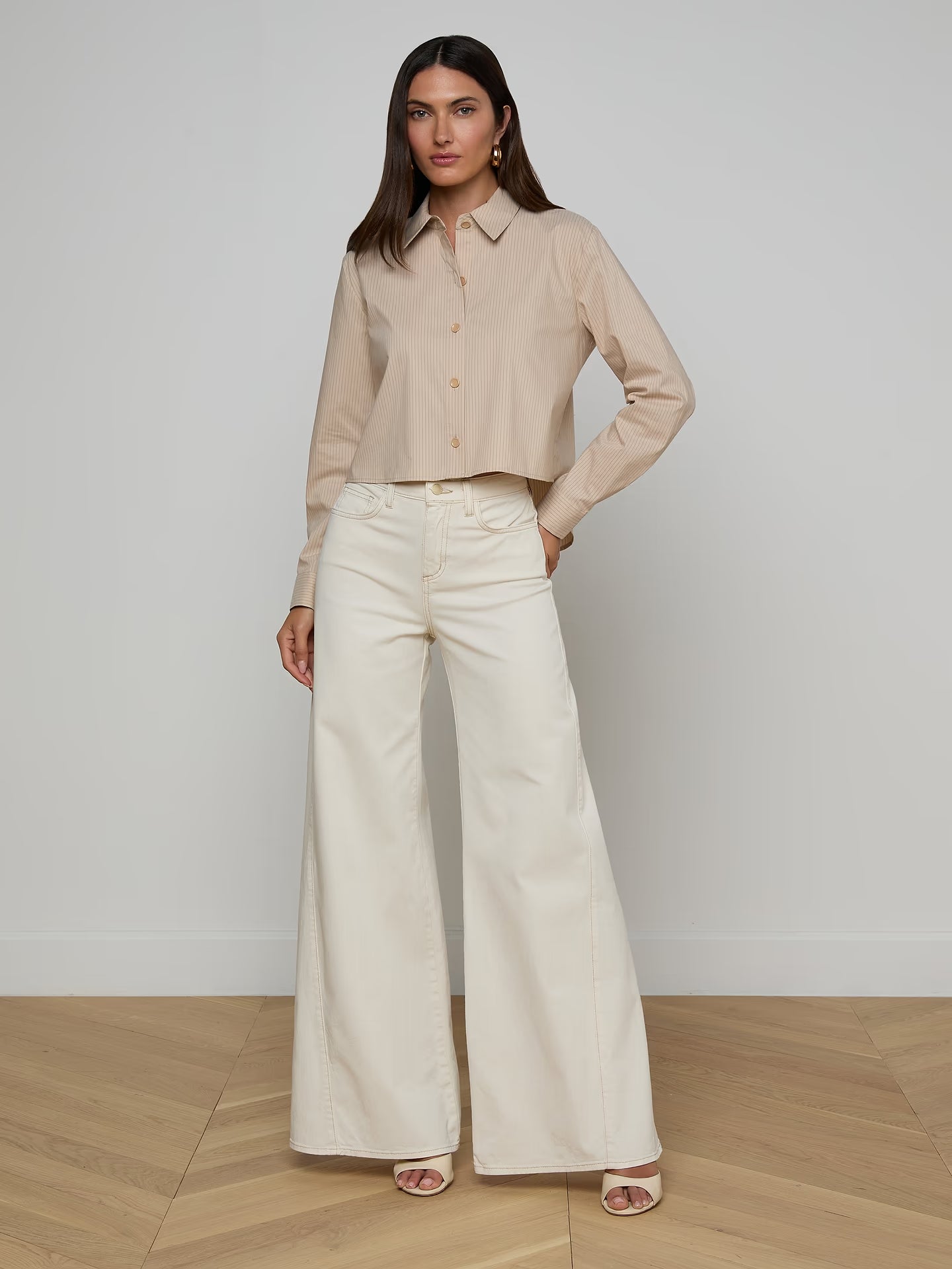 Cosette Crop High Low Shirt - Macadamia Stripe