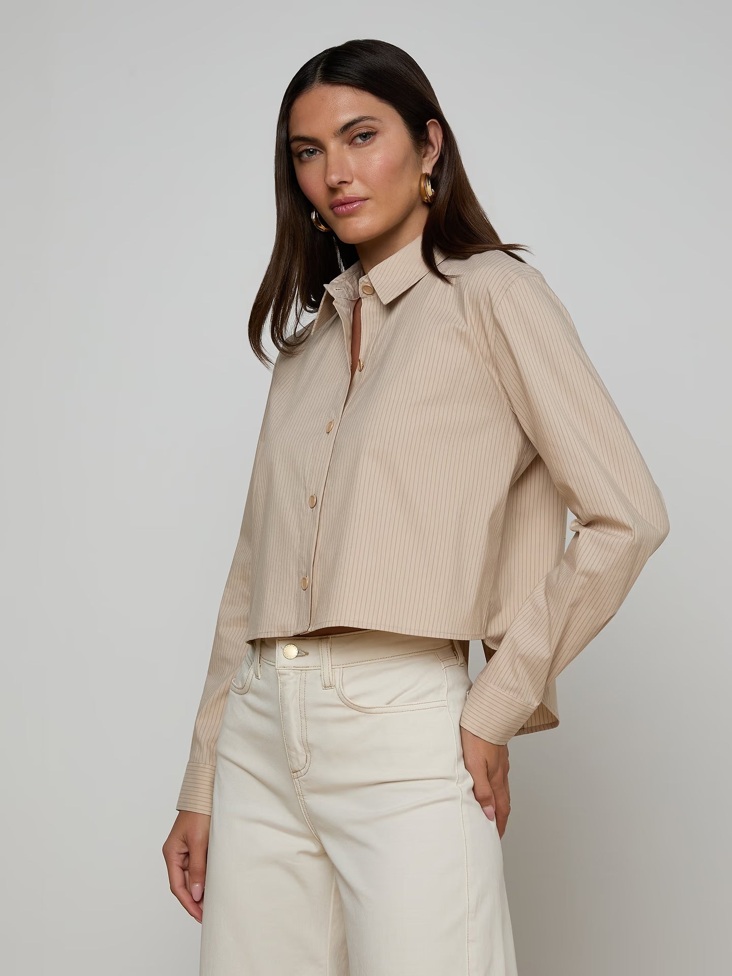 Cosette Crop High Low Shirt - Macadamia Stripe