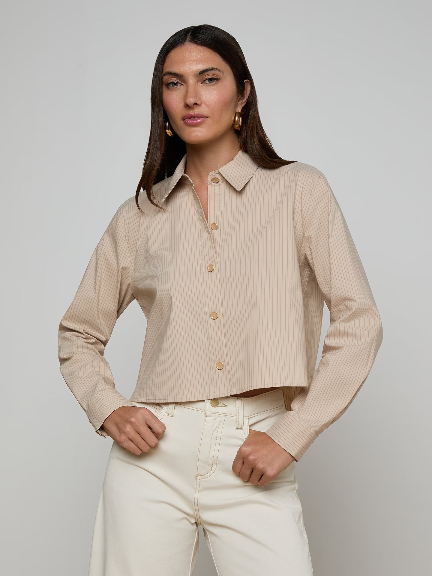 Cosette Crop High Low Shirt - Macadamia Stripe