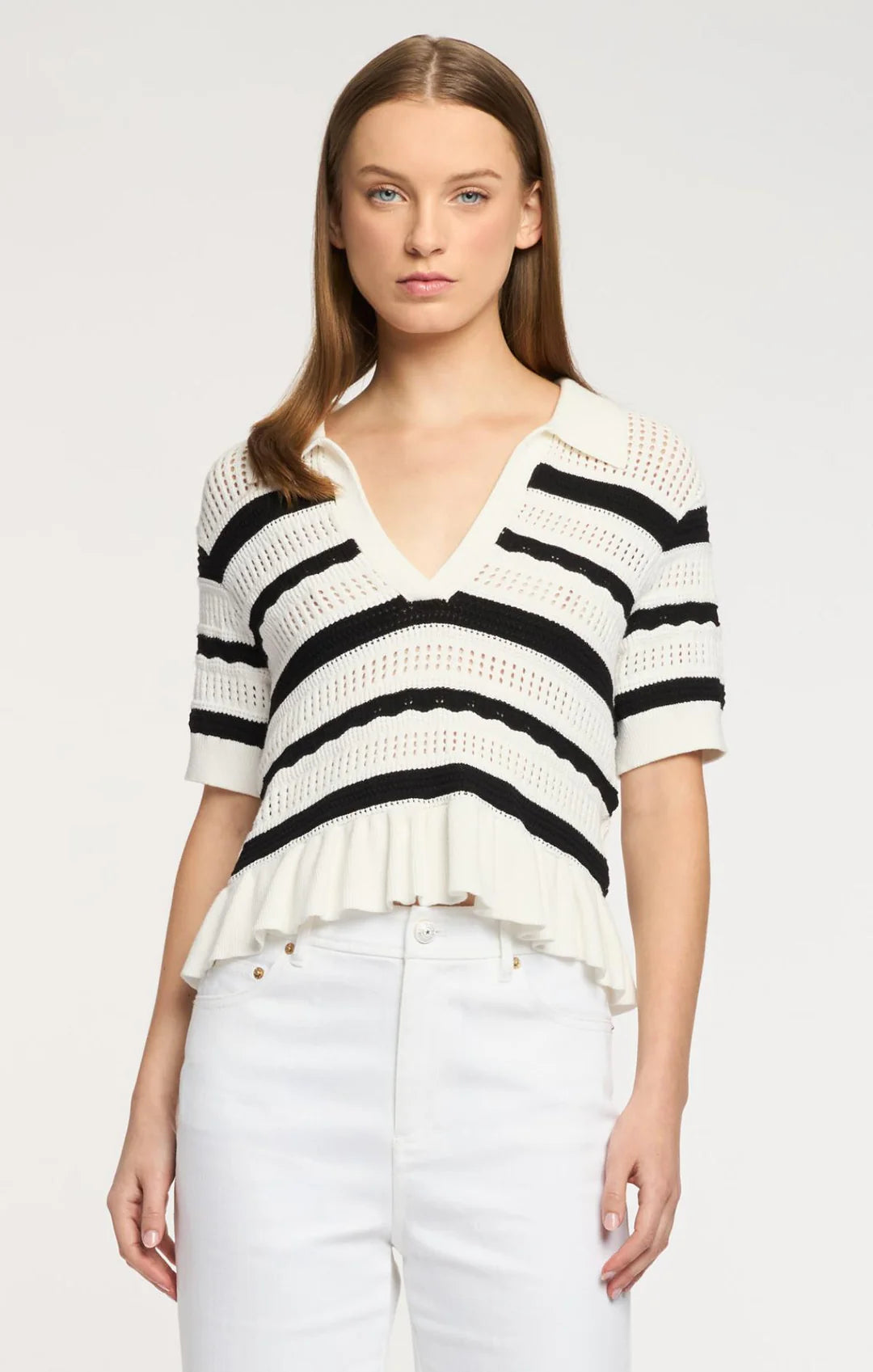 Elvire Knit Polo Pullover - Ivory/Black