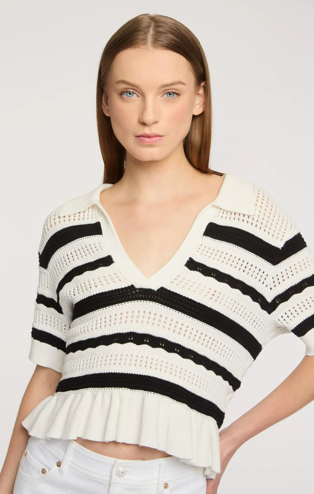 Elvire Knit Polo Pullover - Ivory/Black