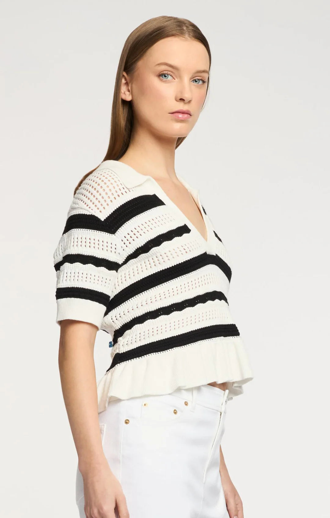 Elvire Knit Polo Pullover - Ivory/Black