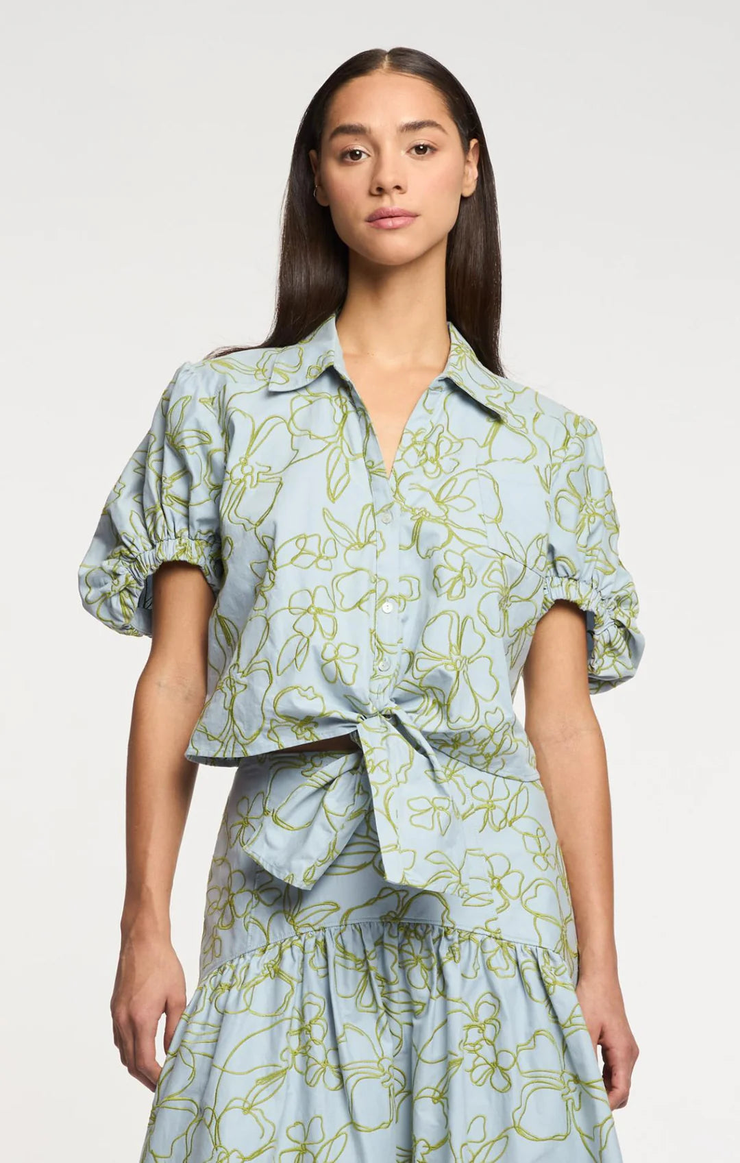Embroidered Linework Floral Zoanne Top - Bluebell/Pear Green