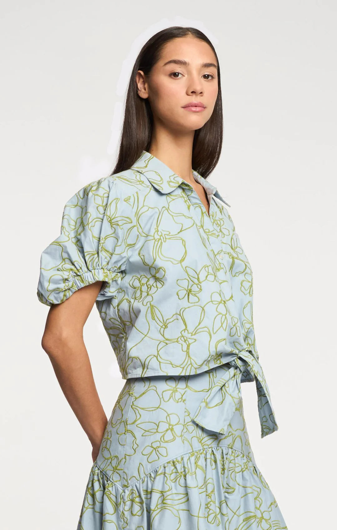 Embroidered Linework Floral Zoanne Top - Bluebell/Pear Green