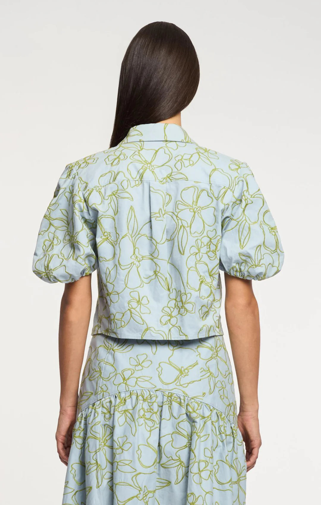 Embroidered Linework Floral Zoanne Top - Bluebell/Pear Green