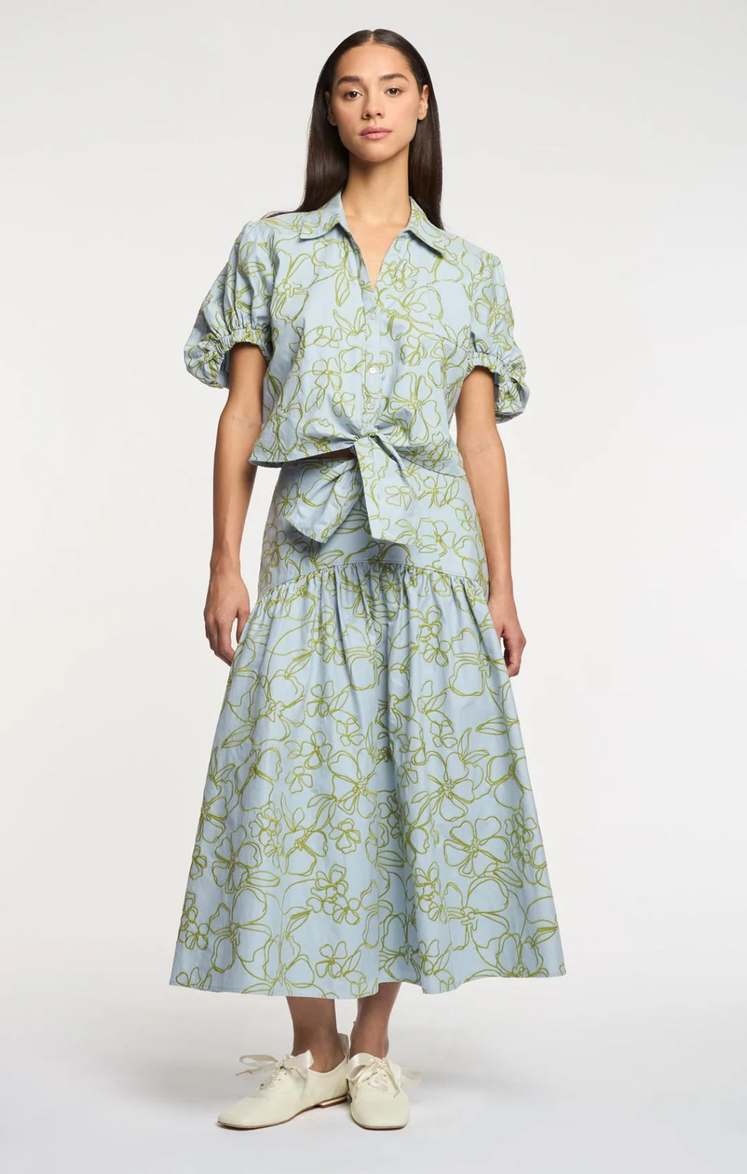 Embroidered Linework Floral Zoanne Top - Bluebell/Pear Green
