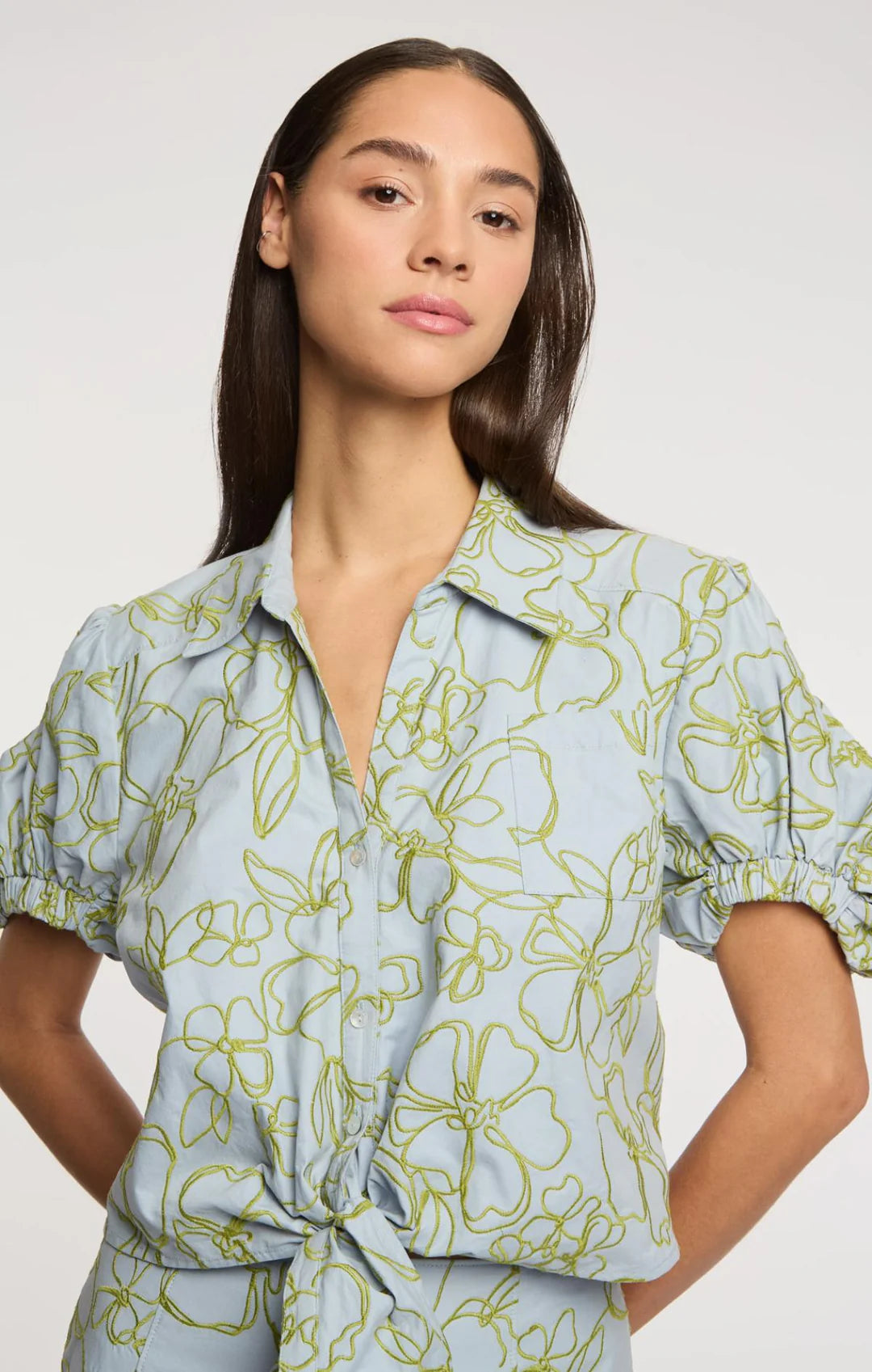 Embroidered Linework Floral Zoanne Top - Bluebell/Pear Green