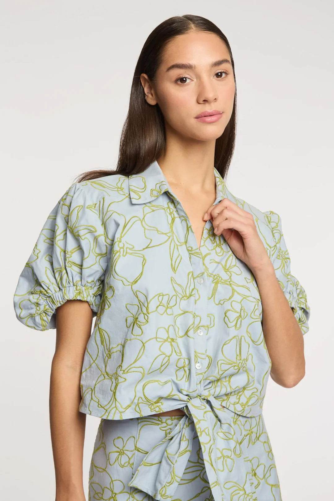 Embroidered Linework Floral Zoanne Top - Bluebell/Pear Green
