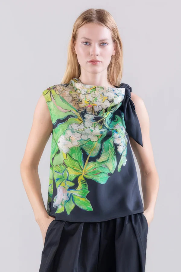 Floral Side Tie Top - Black