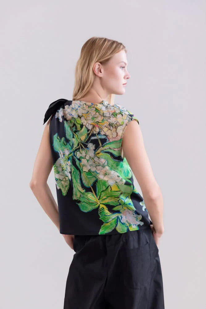 Floral Side Tie Top - Black