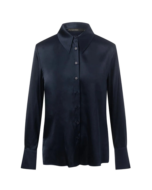 Button Down Classic Stretch Silk Blouse - Midnight Blue