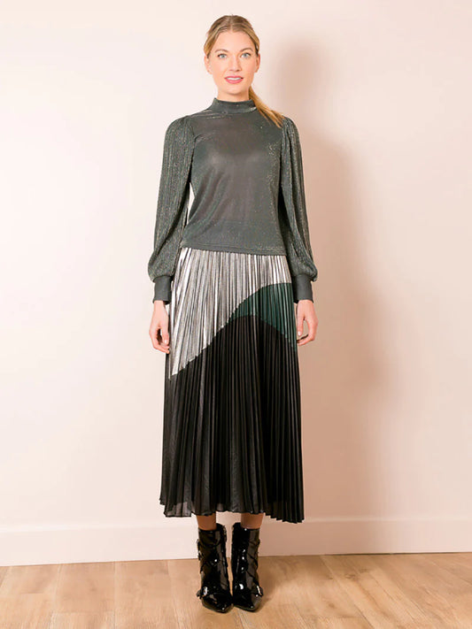 Metallic Color Block Pleated Skirt