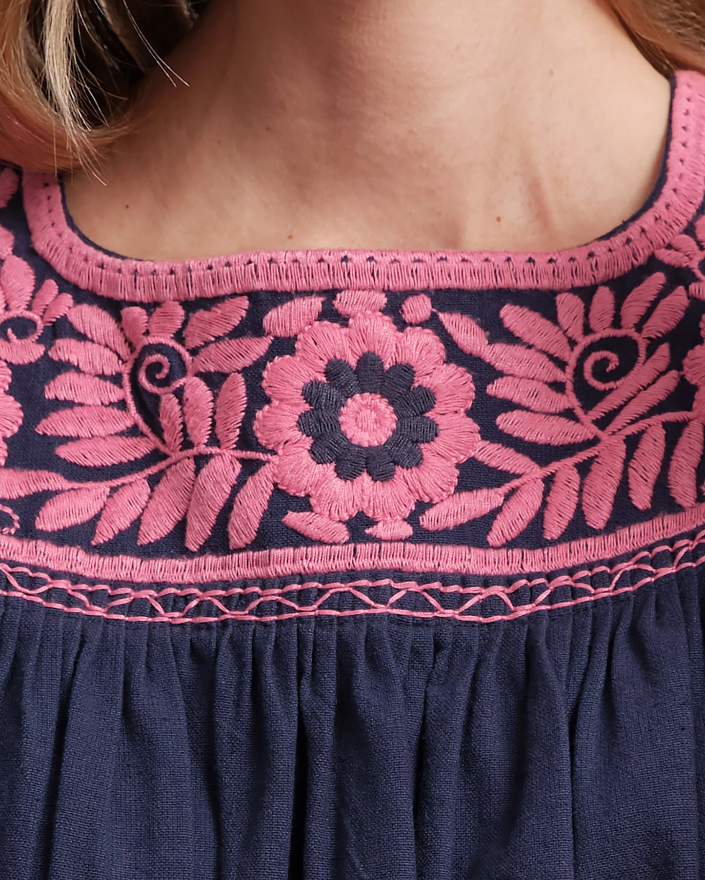 Jess Floral Embroidery Top - Navy