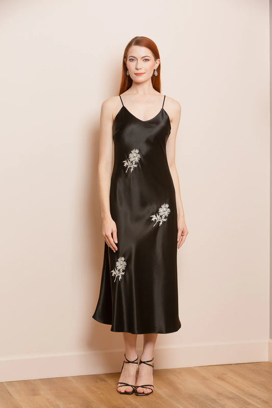 Satin Slip Dress with Flower Embroidery - Black