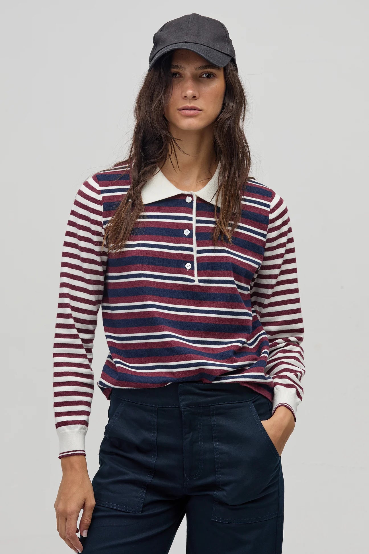 College Polo Sweater - Bordeaux & Navy Stripes