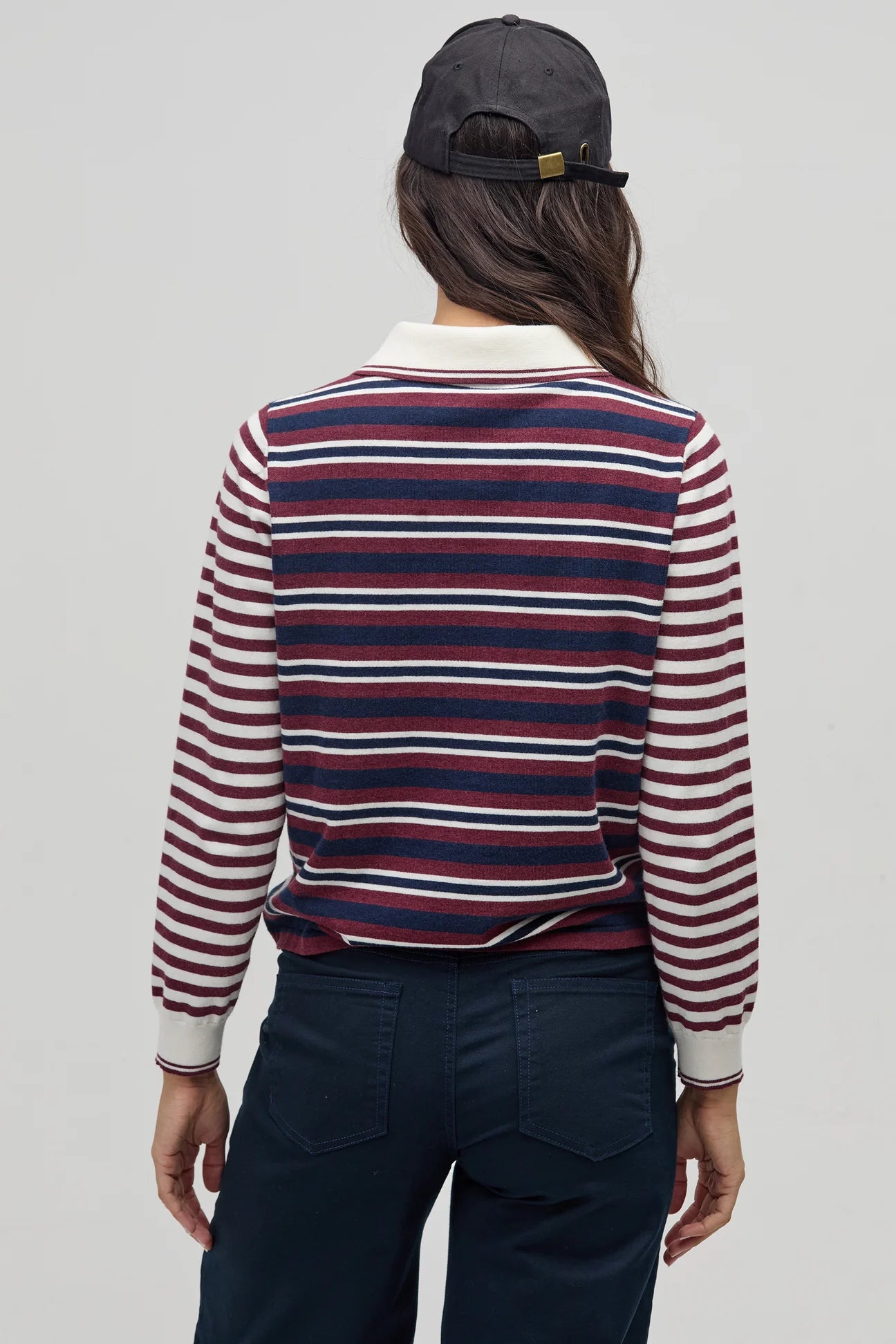 College Polo Sweater - Bordeaux & Navy Stripes