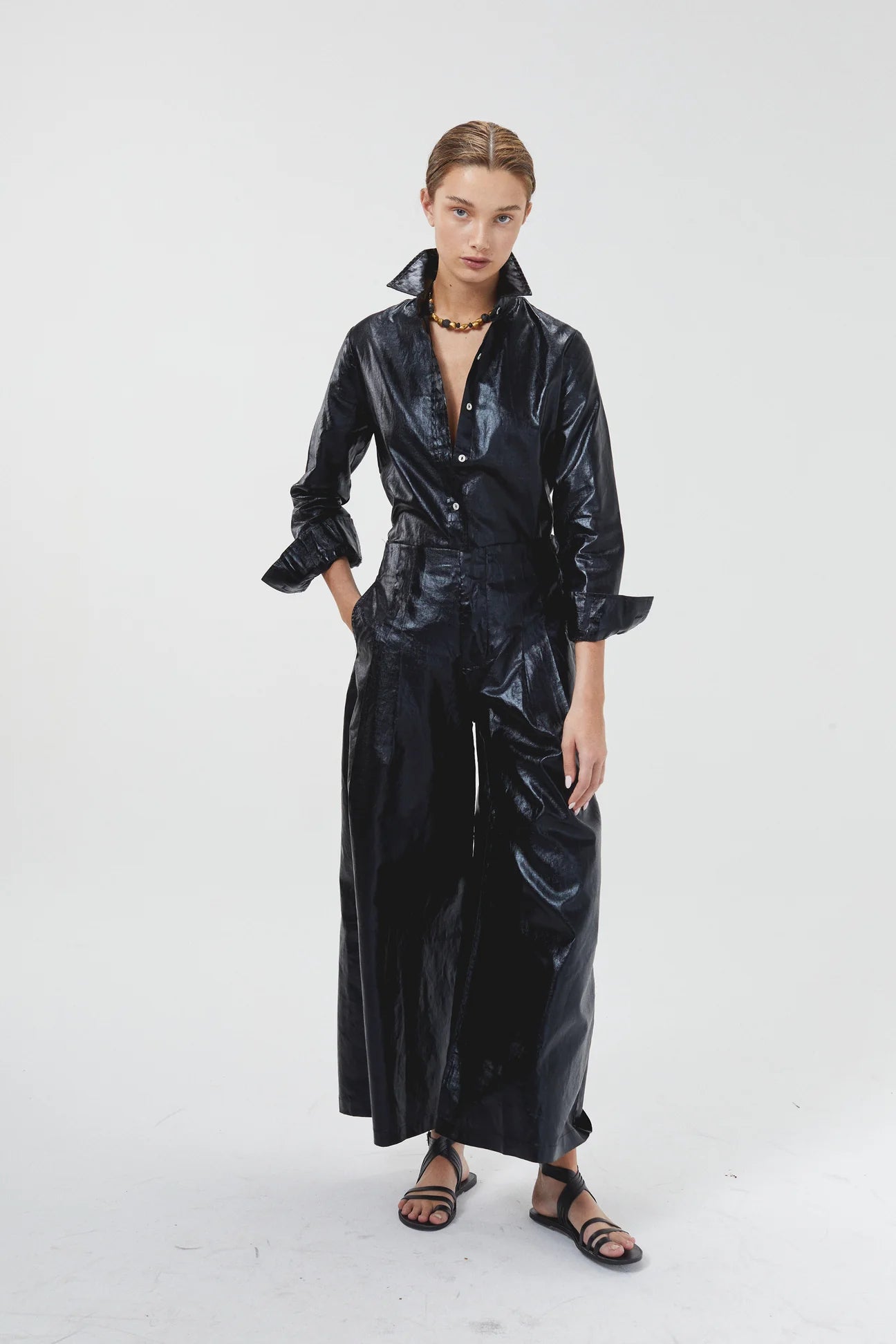 Culotte Metallic Linen Pants - Dark Blue