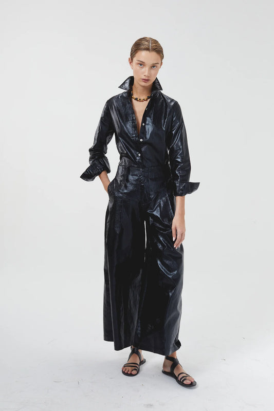 Culotte Metallic Linen Pants - Dark Blue