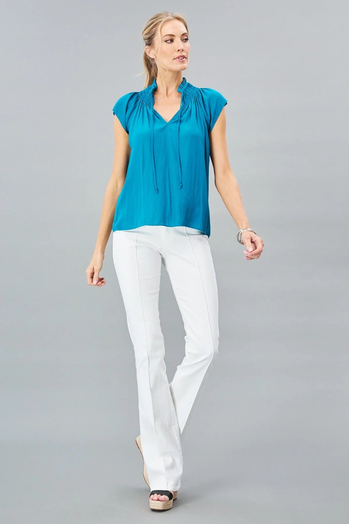 Smocked Neck Short Sleeve Top - Ocean