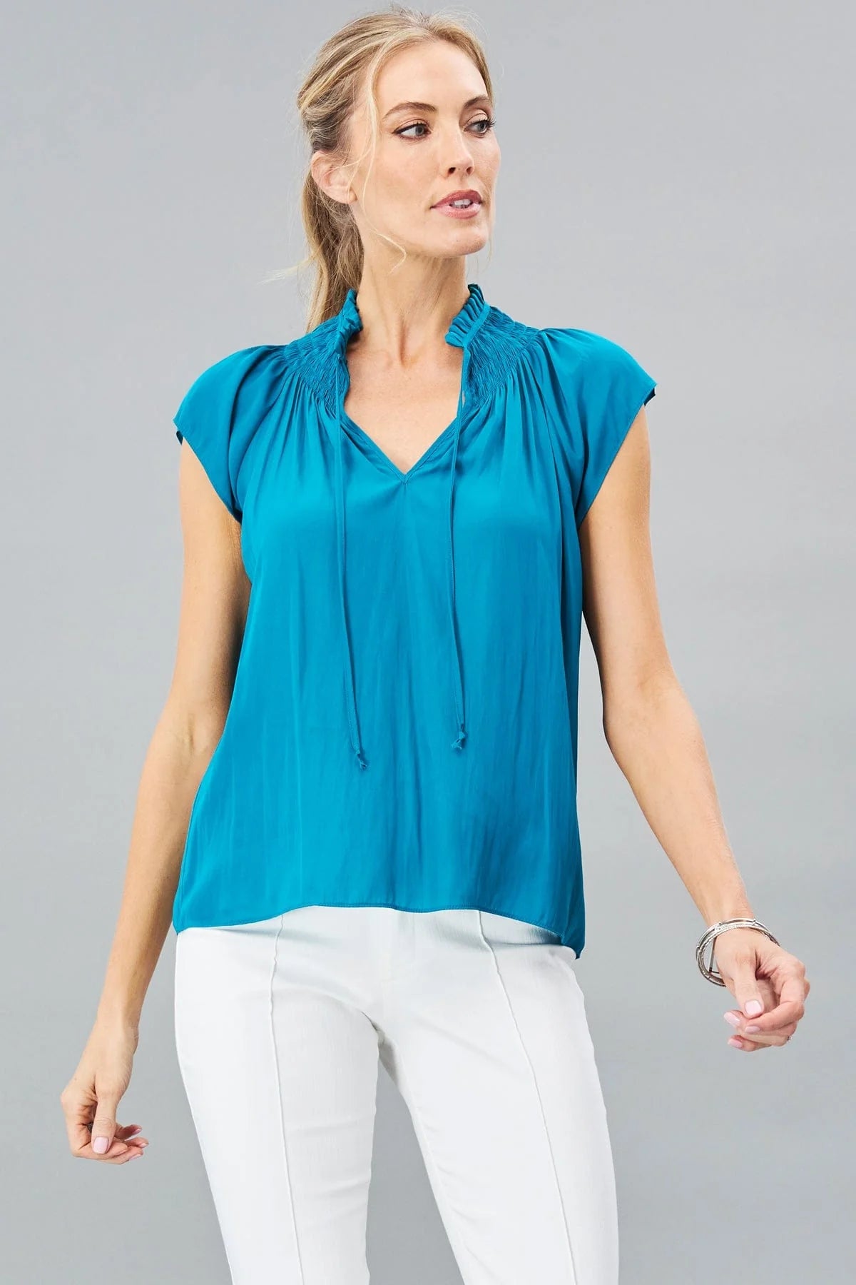 Smocked Neck Short Sleeve Top - Ocean