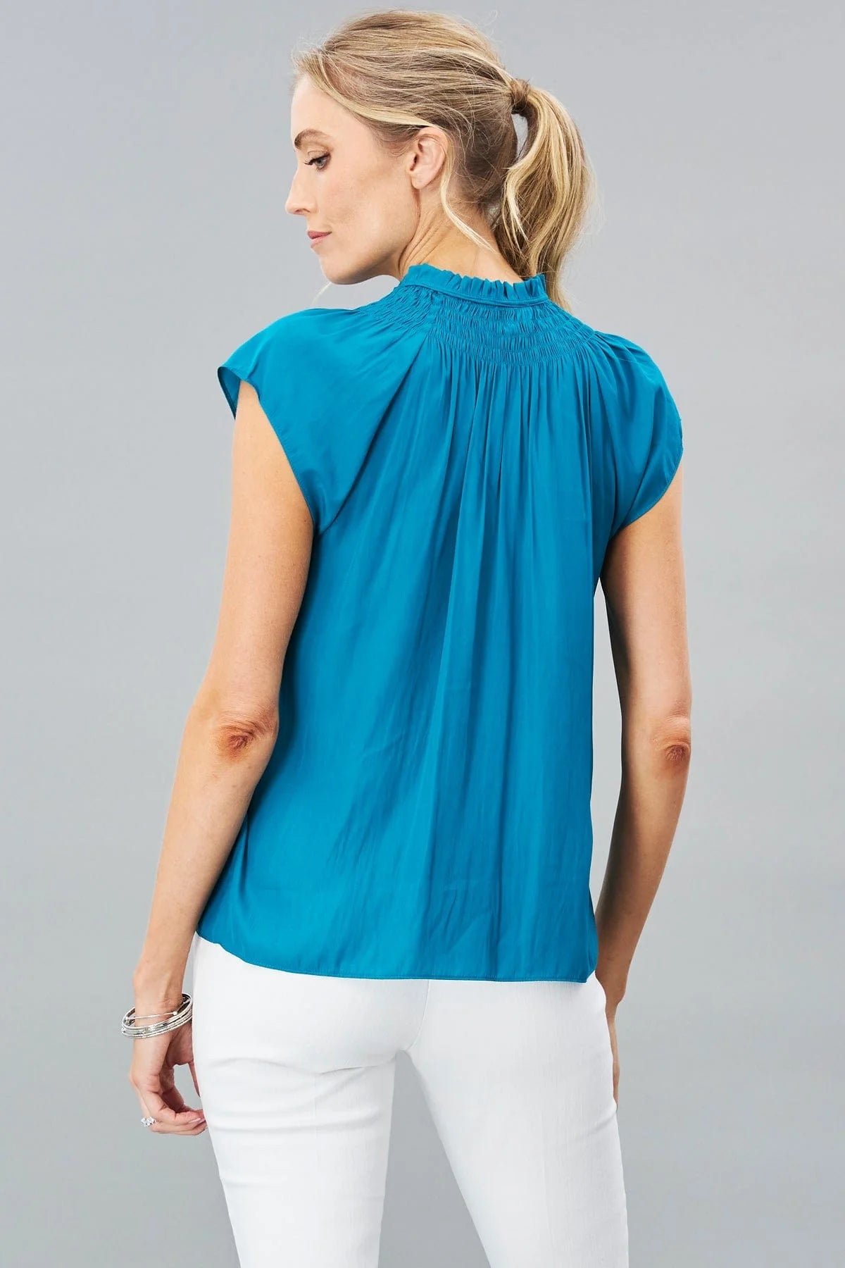 Smocked Neck Short Sleeve Top - Ocean