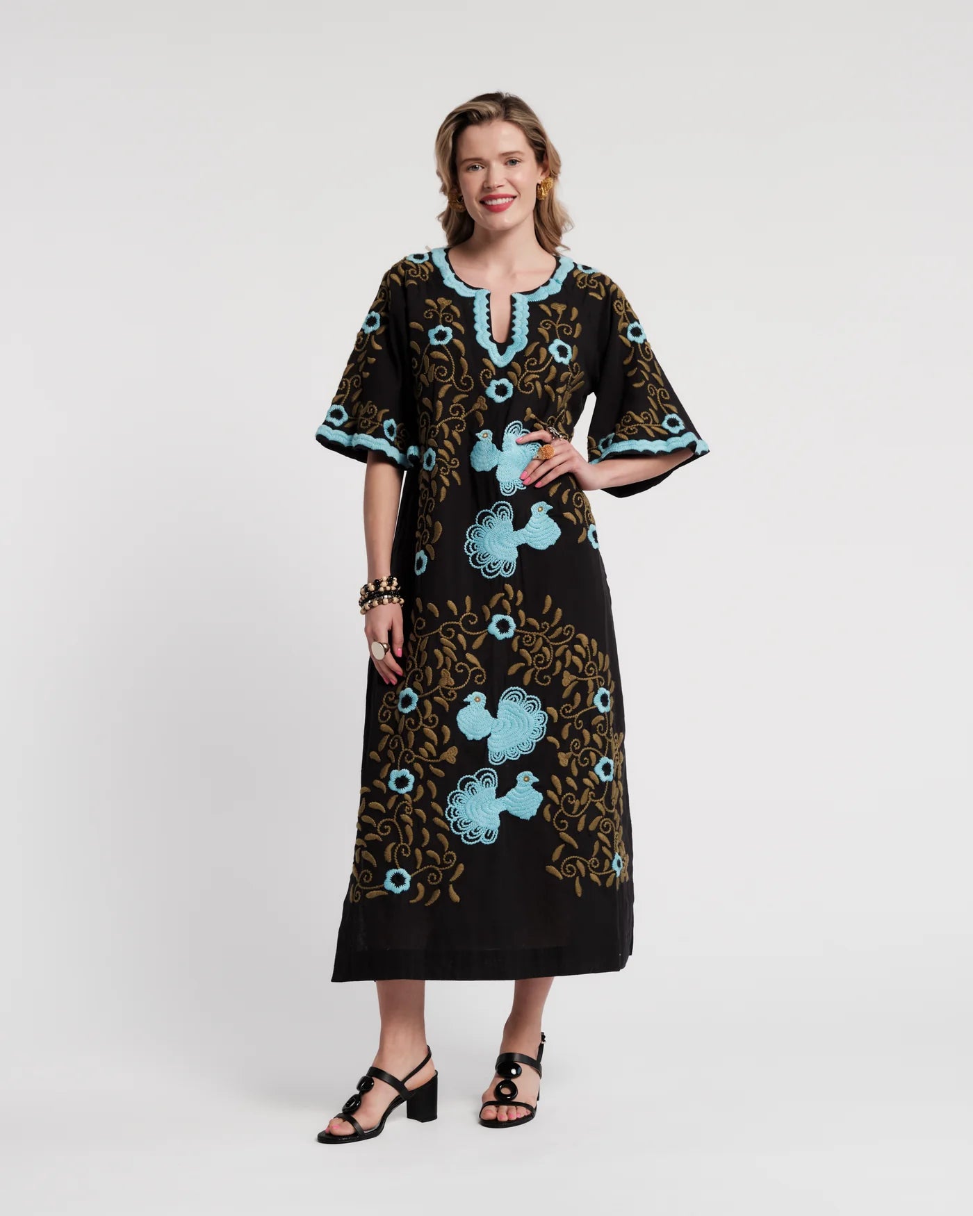 Embroidered Charming Caftan - Light Blue Black