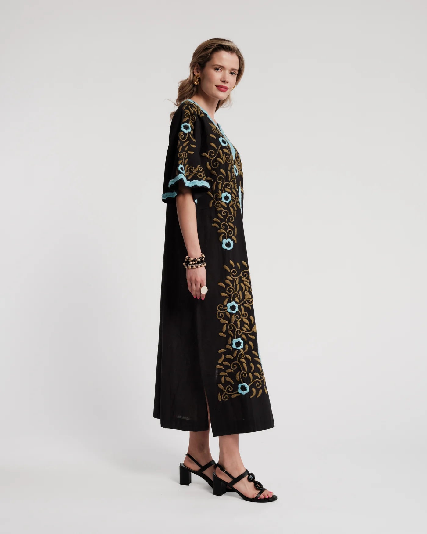 Embroidered Charming Caftan - Light Blue Black