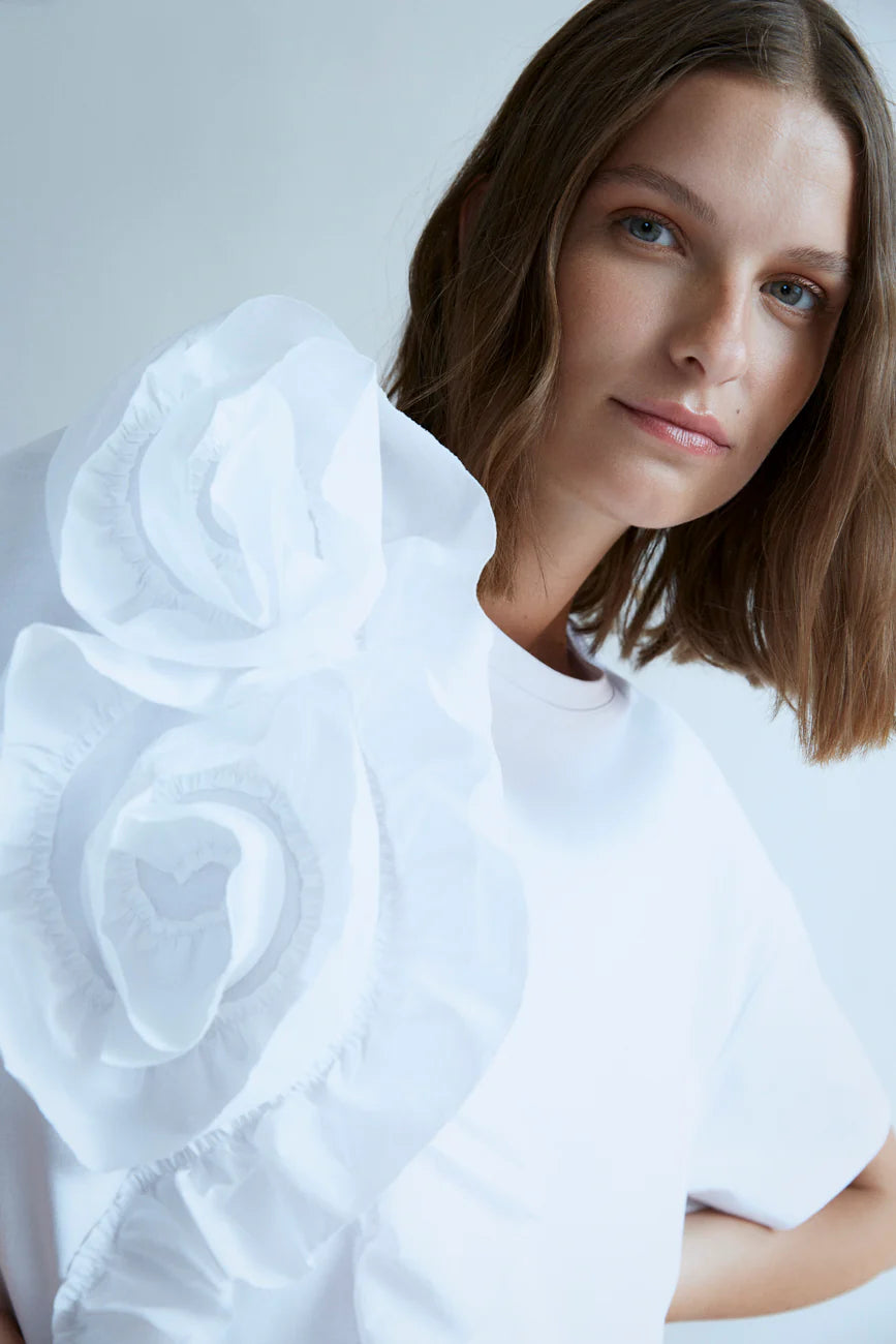 SQUARE T-SHIRT WITH CASCADING FLORAL DETAIL