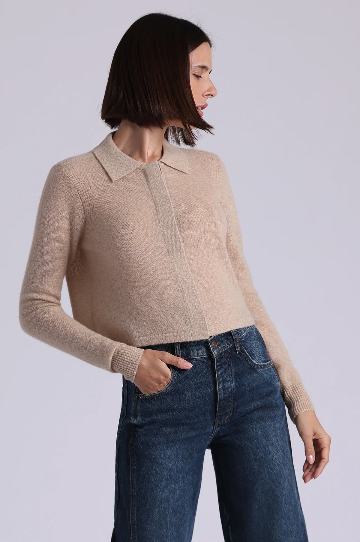 Cashmere Cropped Collared Cardigan - Brown Sugar