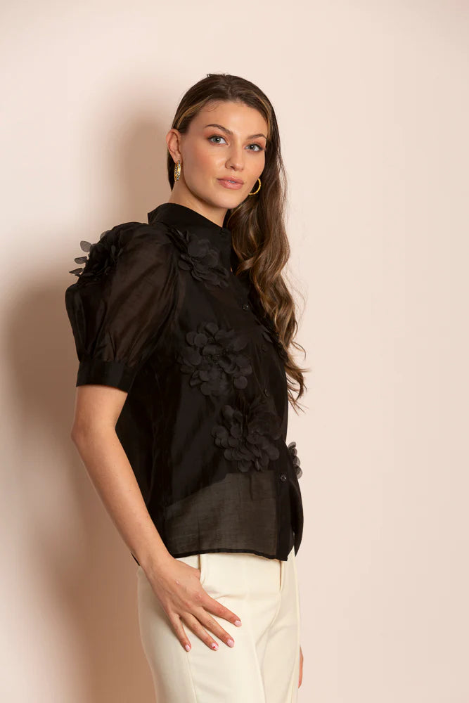 Emery Tencel Blouse with Flower Appliqué - Black