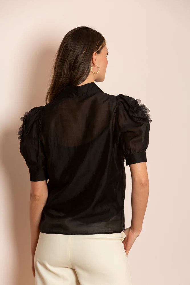 Emery Tencel Blouse with Flower Appliqué - Black