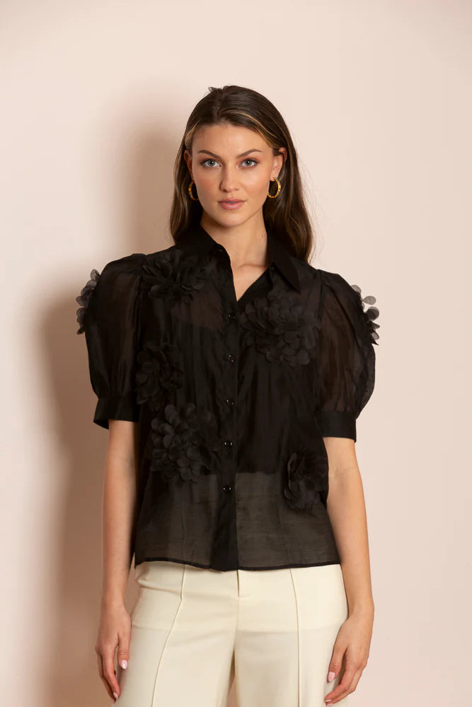 Emery Tencel Blouse with Flower Appliqué - Black