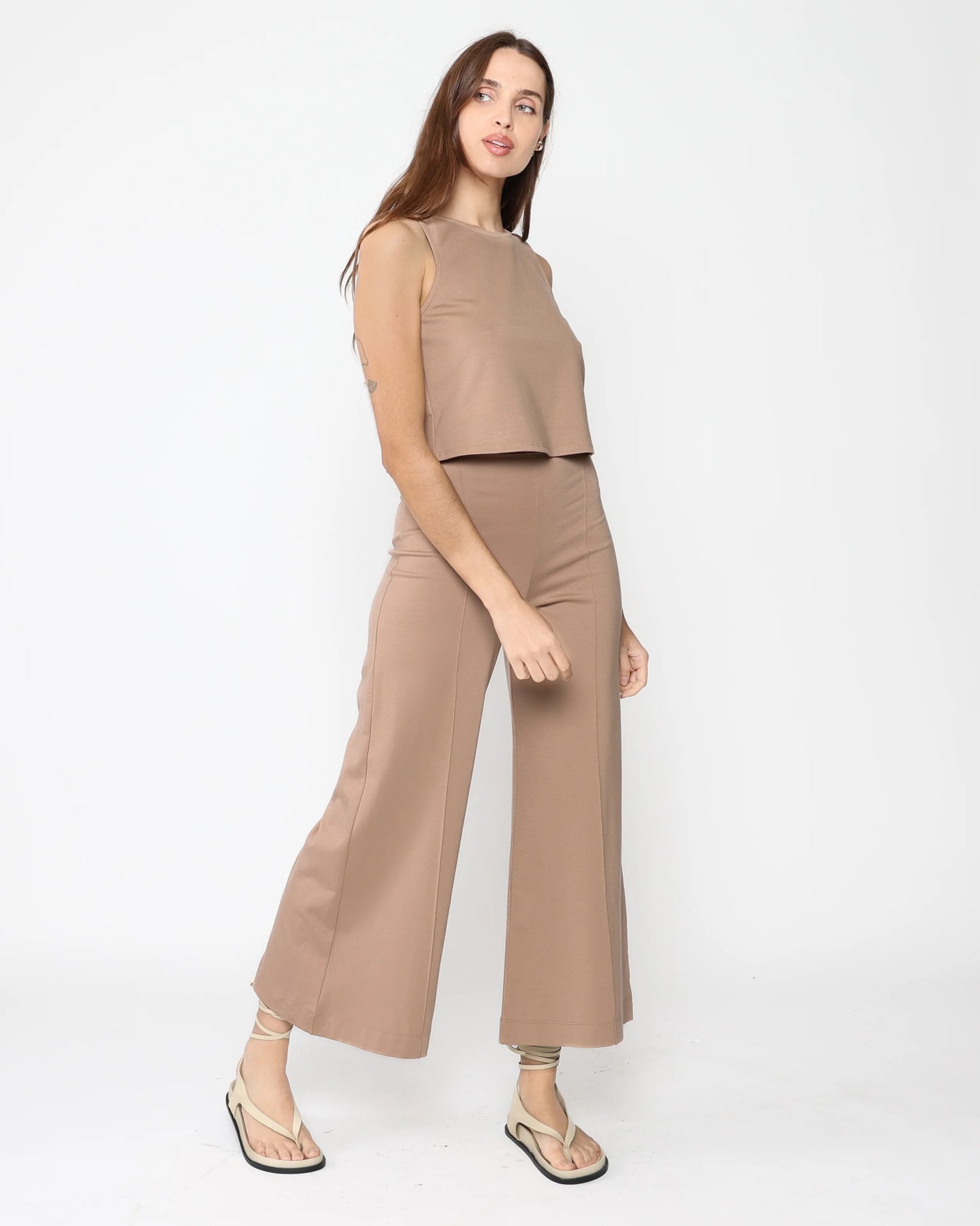 Ponte Knit Cropped Wide Leg Pant - Khaki