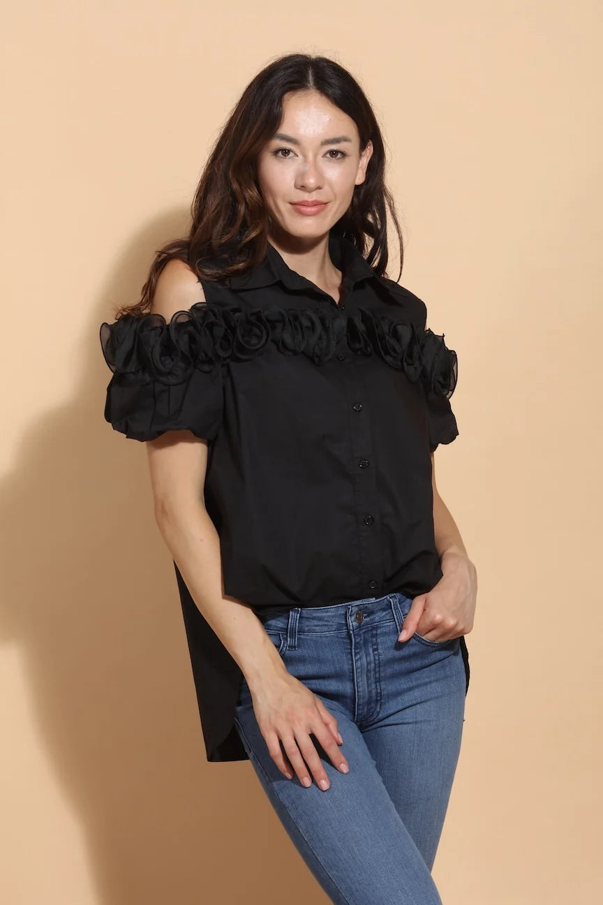 Cold Shoulder Button Down - Black