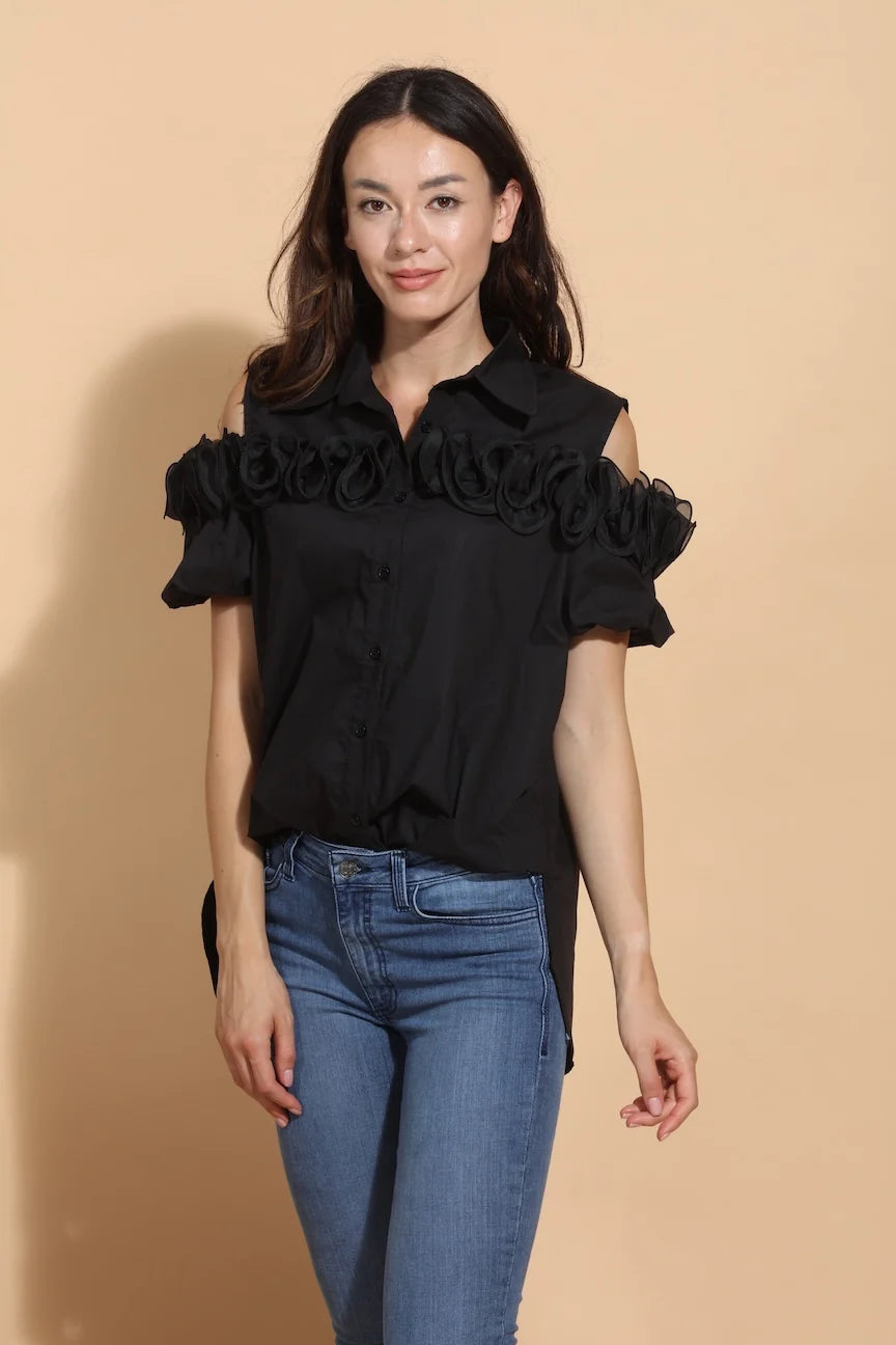Cold Shoulder Button Down - Black