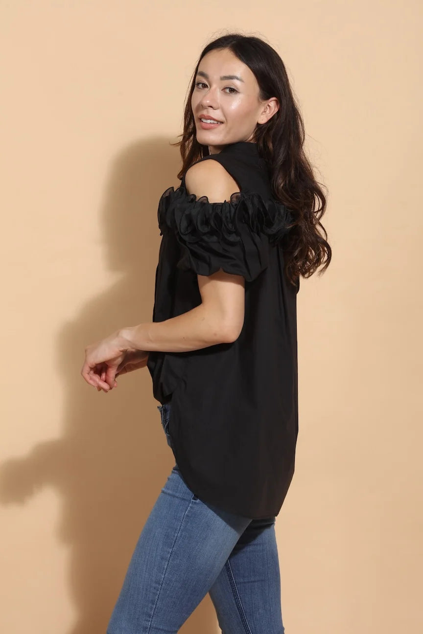 Cold Shoulder Button Down - Black