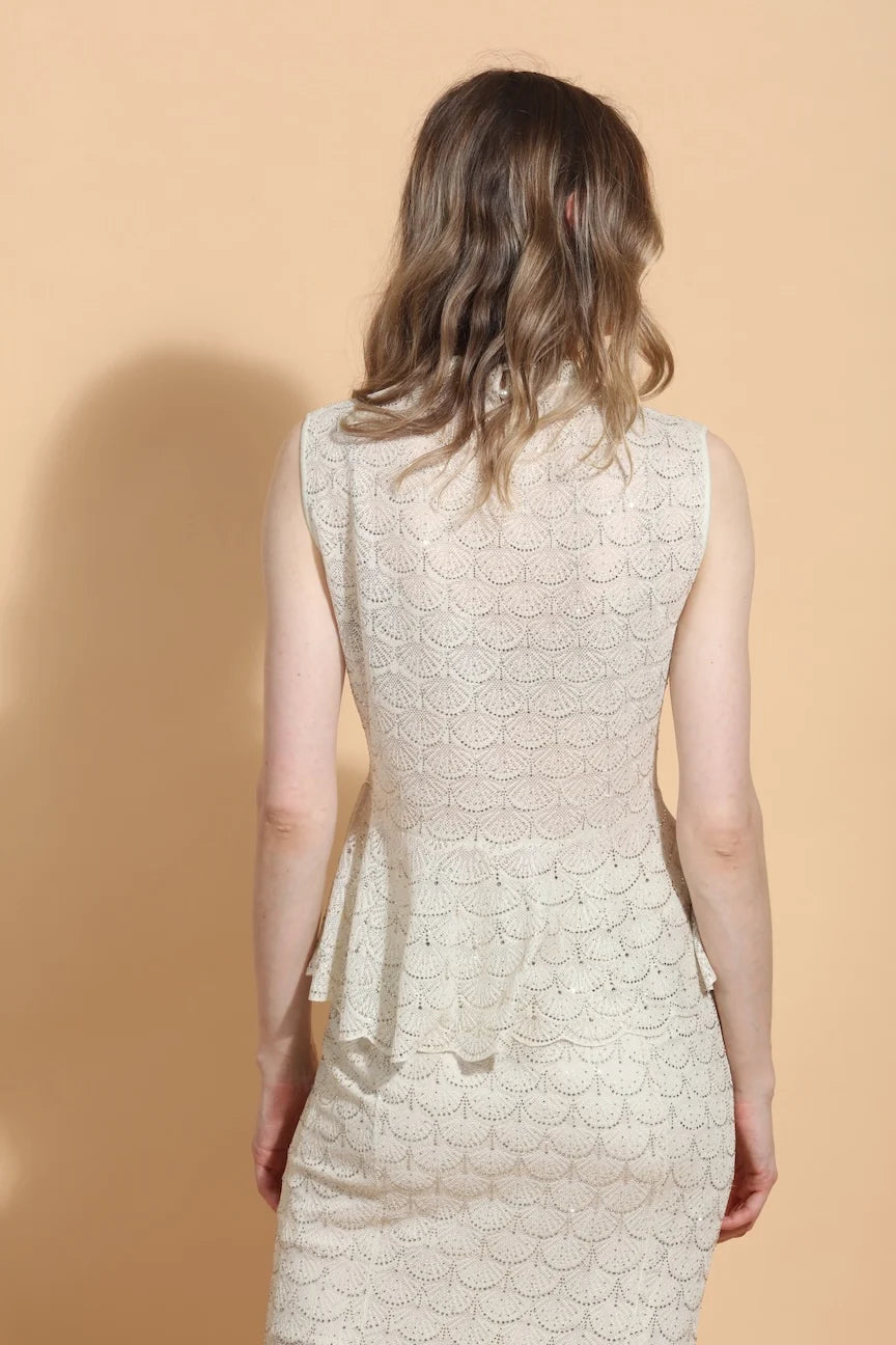 Scallop Embellished Sleeveless Knit Top - Champagne
