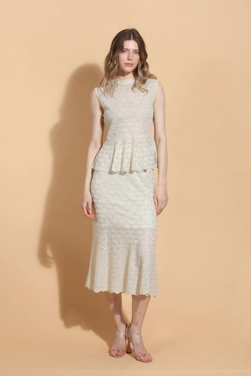 Scallop Embellished Sleeveless Knit Top - Champagne