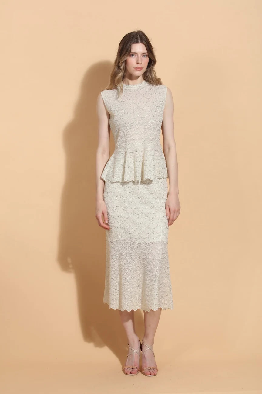 Scallop Embellished Knit Mermaid Skirt - Champagne