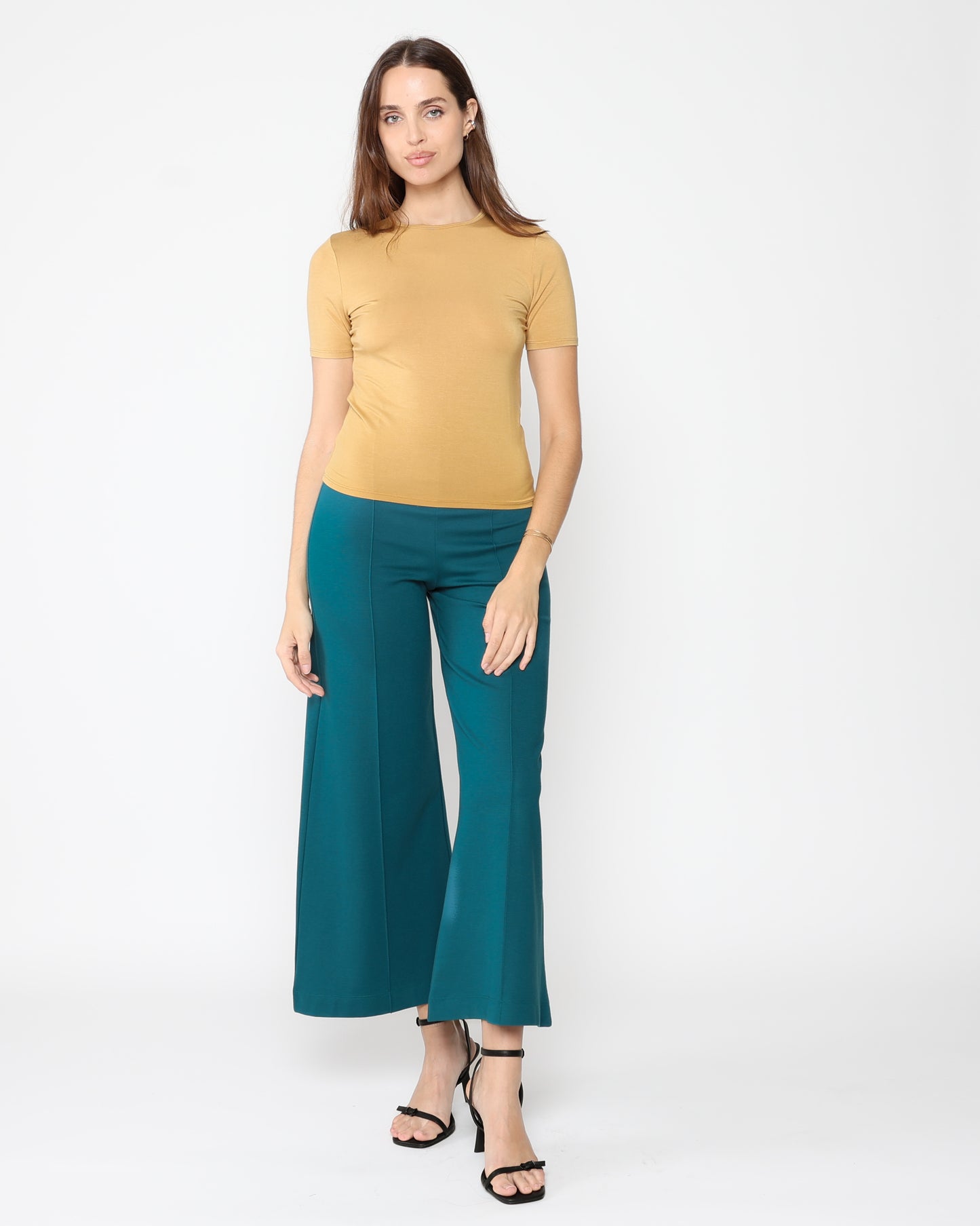 Ponte Knit Wide Leg Pant: Cropped - Teal